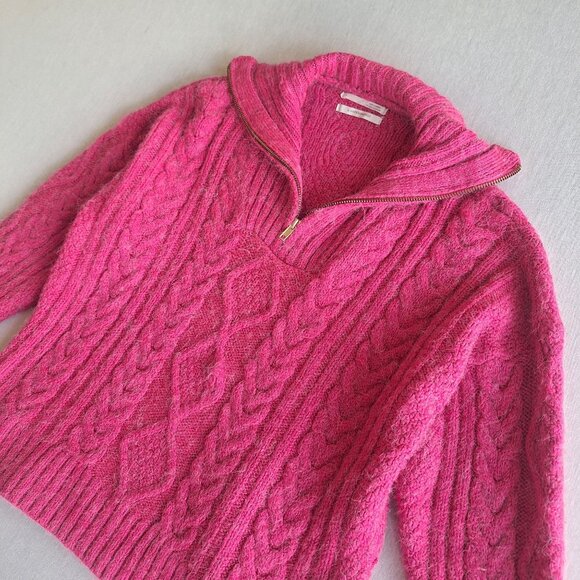 💙 Anthropologie Pink Quarter Zip Fuzzy Sweater Size S/M Preppy Fishermancore - Picture 1 of 8